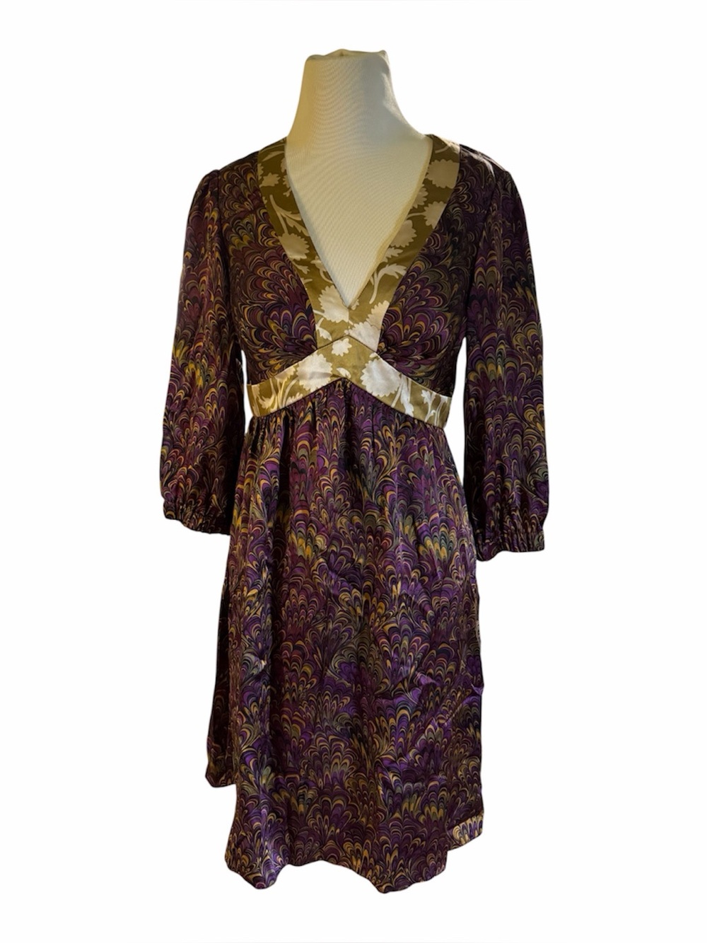 Vtg deadstock Cassini 100 % Silk Purple/Gold babydoll baloon sleeve V-Neck Dress